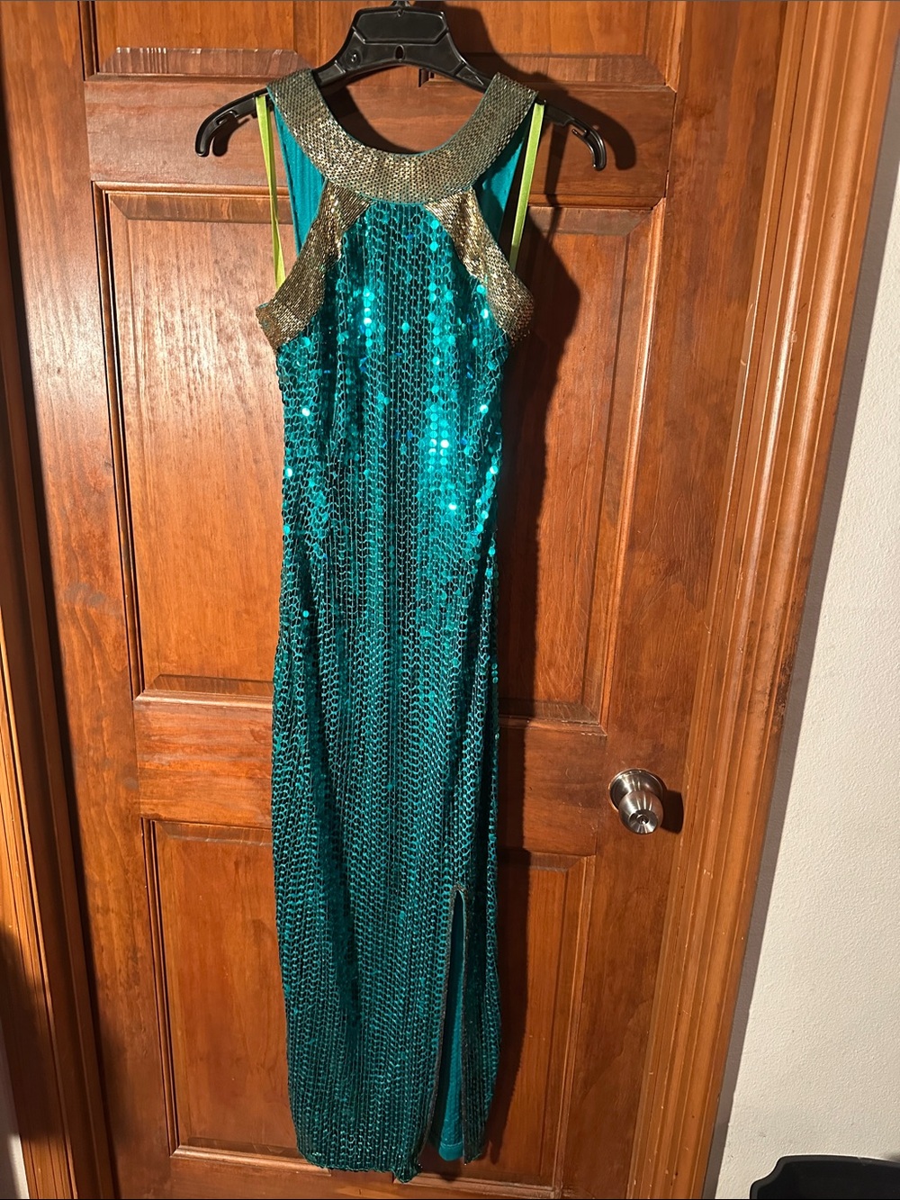 Emerald Sequin Halter Evening Dress with Gold Accents